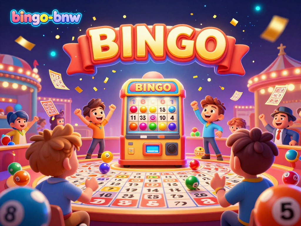 Bingo-bnw players celebrating wins in a vibrant bingo hall packed with colorful balls and festive energy.