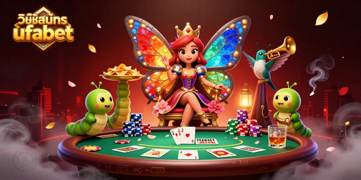 Engage in วิธีสมัคร ufabet with a vibrant 3D scene featuring a butterfly queen and poker elements, showcasing dynamic casino action.