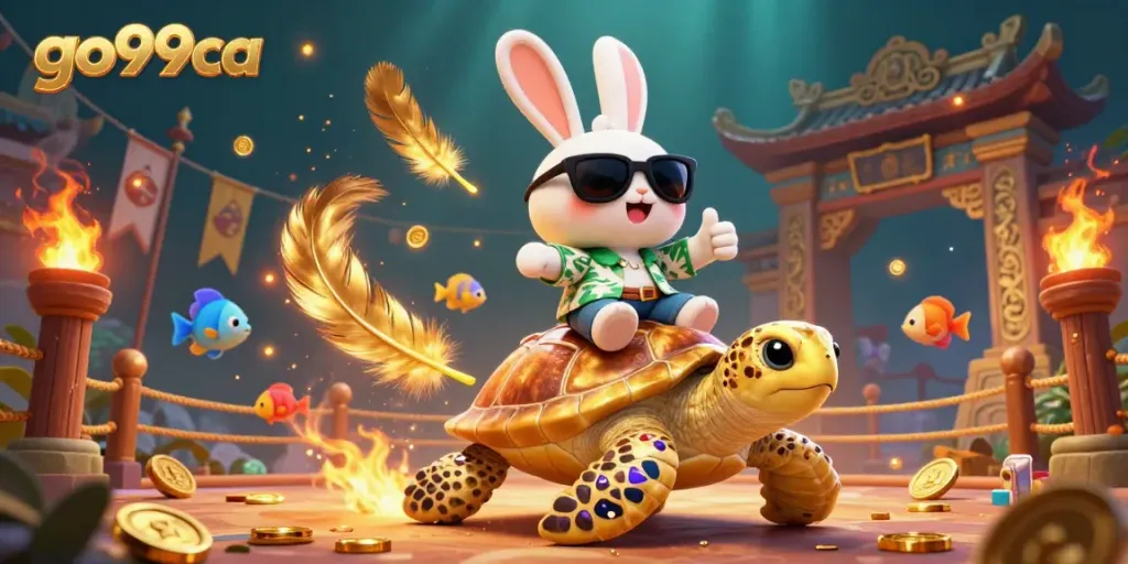 Experience thrilling gaming moments at go99ca with a lucky rabbit and golden turtle in a vibrant casino underwater setting.