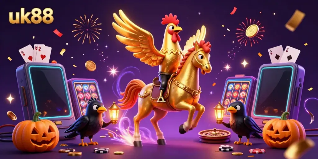 Experience the excitement of uk88 with a golden rooster character in a vibrant casino scene featuring dynamic slot and card elements.