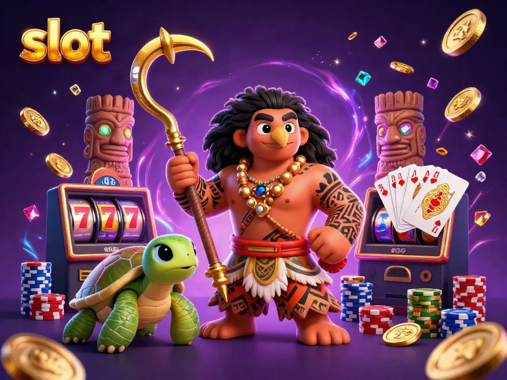 Engage in exciting slot adventures with our Polynesian demigod, surrounded by dazzling symbols and coins.