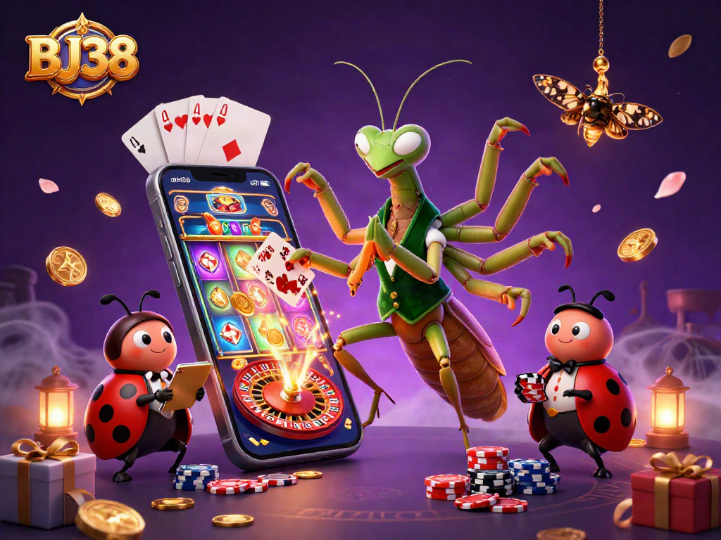 BJ38's lively 3D casino scene features a card sharp and pit boss interacting amid dynamic gaming elements.