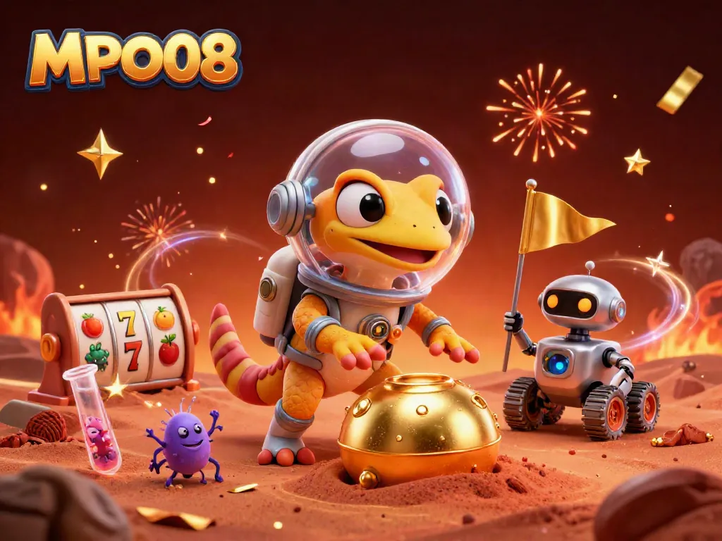 Engage in exciting gaming at MPO08 with a Martian gecko in a vibrant casino scene.