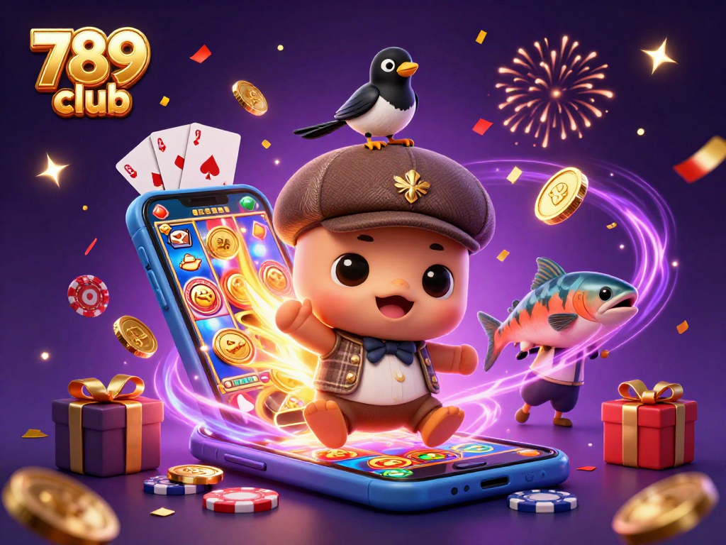 Engage with the exciting world of 789 club in this 3D illustration featuring playful characters and vibrant casino elements.