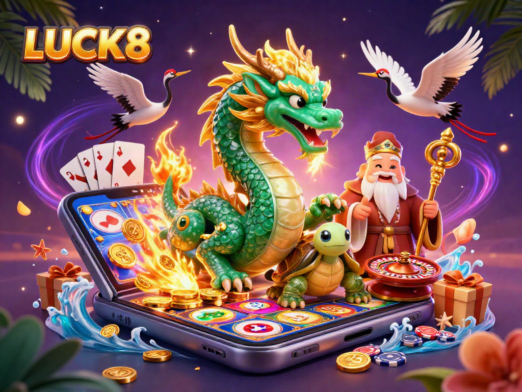 LUCK8 trải nghiệm casino tuyệt vời với rồng ngọc, rùa hiền và sếu may mắn.