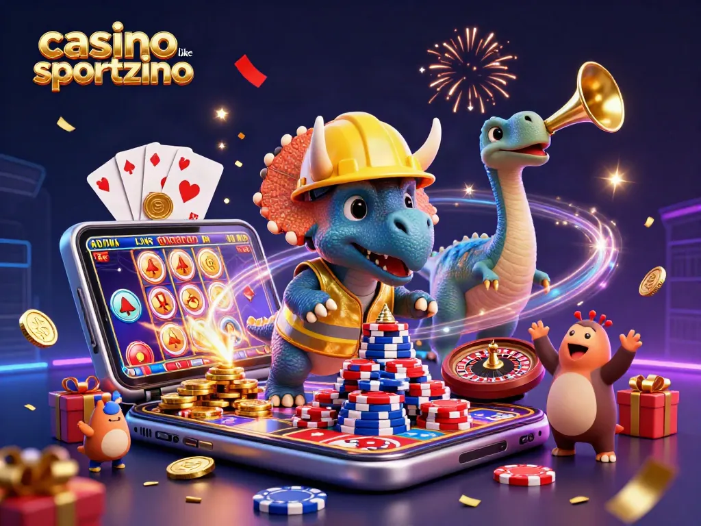 Play exciting games at a casino like sportzino, featuring a celebratory scene with dinosaur characters.