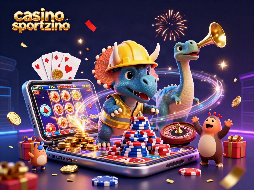 Play exciting games at a casino like sportzino, featuring a celebratory scene with dinosaur characters.
