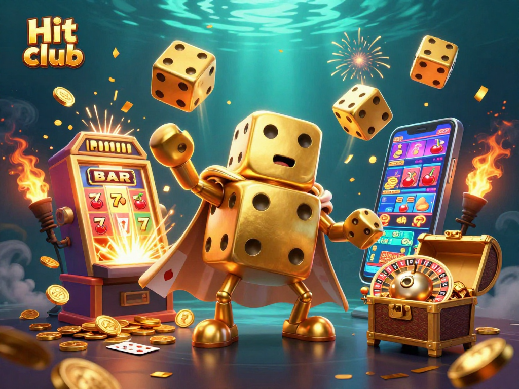 Experience thrilling games at Hit club with a dazzling, dynamic casino scene featuring engaging characters and vibrant symbols.