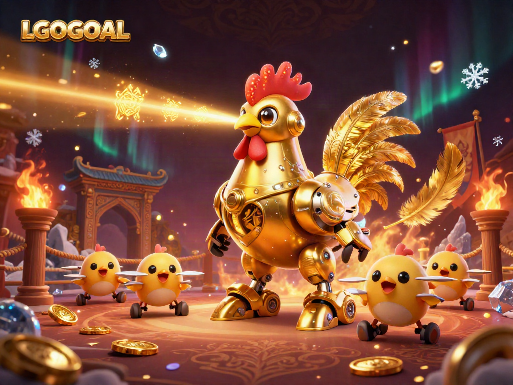Experience thrilling gameplay with LGOGOAL, featuring a golden rooster robot and baby chick drones amidst a dramatic casino scene.