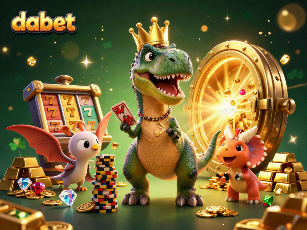 Engage in thrilling gaming action with dabet's vibrant slots featuring friendly dinosaur characters amidst gold and gems.