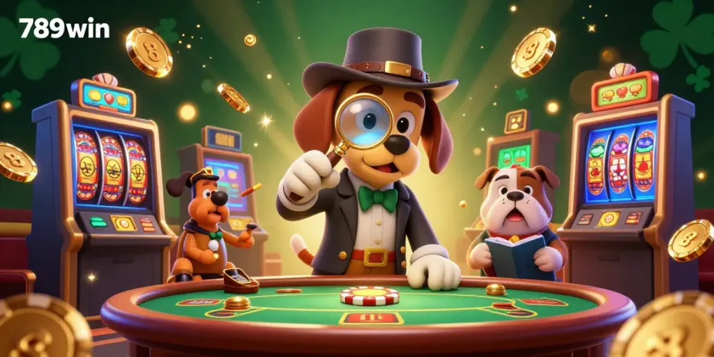 Engage with the vibrant world of 789 win as the detective investigates winning poker clues in a lively casino.