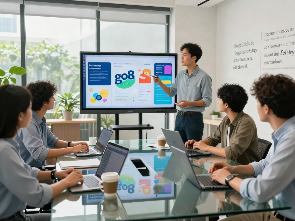 Dynamic digital marketing strategy meeting with go8 campaign presentation in a modern office setting.
