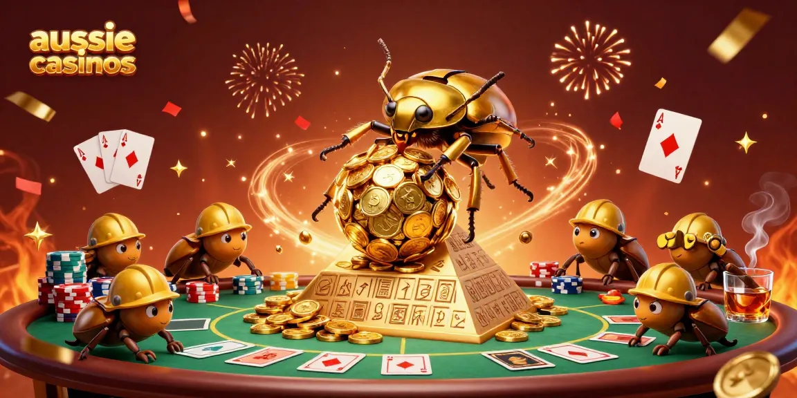 Engaging illustration of aussie casinos with golden beetles rolling coins and vibrant poker elements.