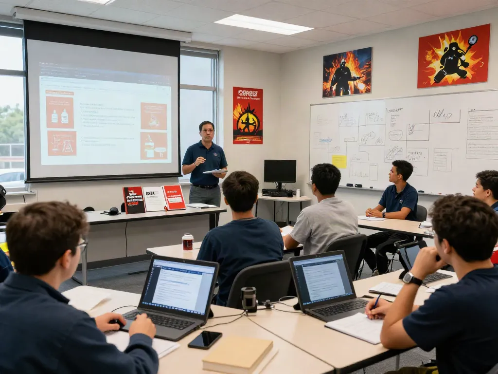 CFPS Certification Saudi Arabia participants engaged in professional fire safety training, interactive session with instructor and NFPA Handbook.